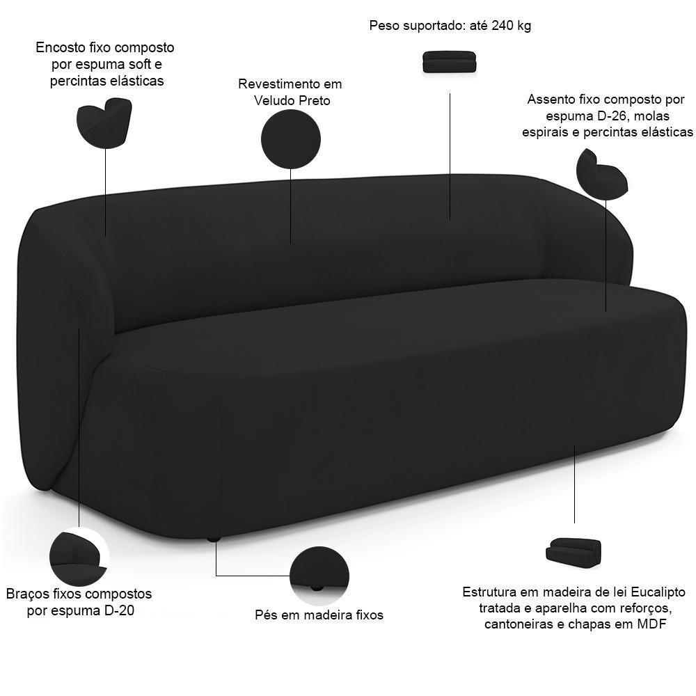 Sofá 3 Lugares Orgânico Para Sala De Estar Living 205cm Heidy F04 Veludo Preto - Lyam Decor - 4