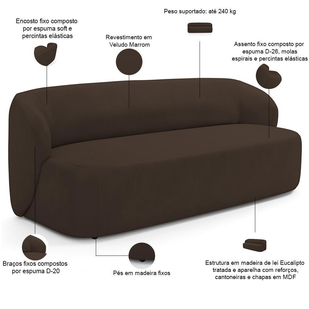 Sofá 3 Lugares Orgânico Para Sala De Estar Living 205cm Heidy F04 Veludo Marrom - Lyam Decor - 4