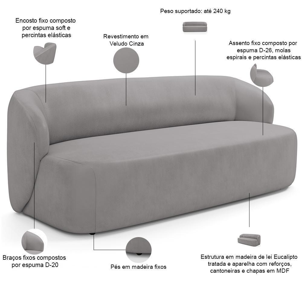 Sofá 3 Lugares Orgânico Para Sala De Estar Living 205cm Heidy F04 Veludo Cinza - Lyam Decor - 4