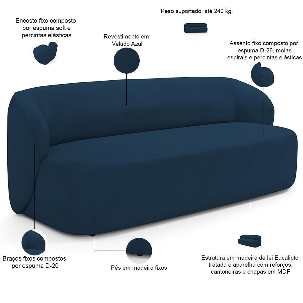 Sofá 3 Lugares Orgânico Para Sala De Estar Living 205cm Heidy F04 Veludo Azul - Lyam Decor - 4