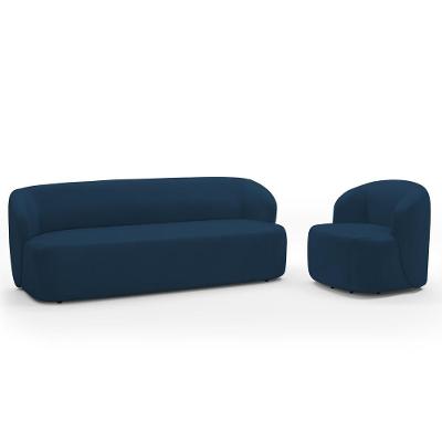 Sofá 3 Lugares 205cm Com Poltrona Giratória Orgânica Heidy F04 Veludo Azul - Lyam Decor
