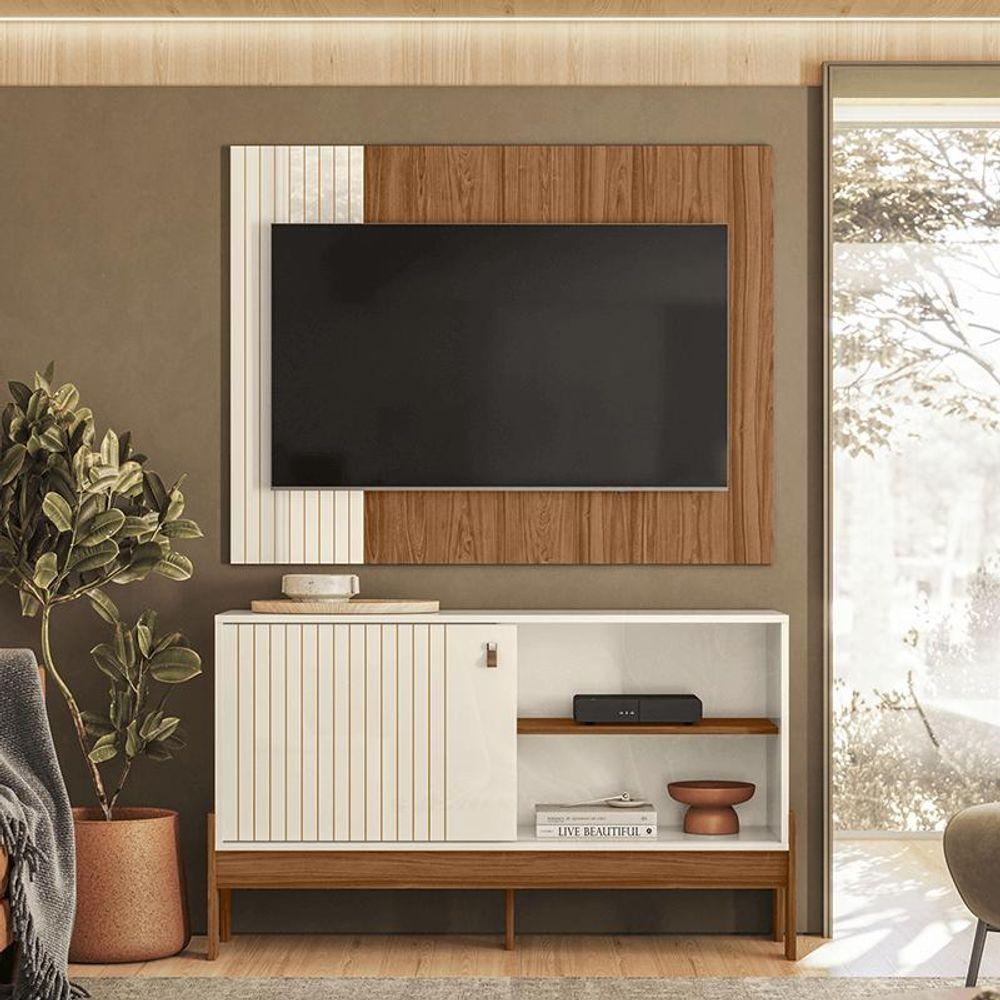 Rack Painel Com Friso Wood 1,20m Tvs 42 Polegas Prateleiras E Porta De Correr Design Moderno Perola Metalizado Cinamomo Mel - 1