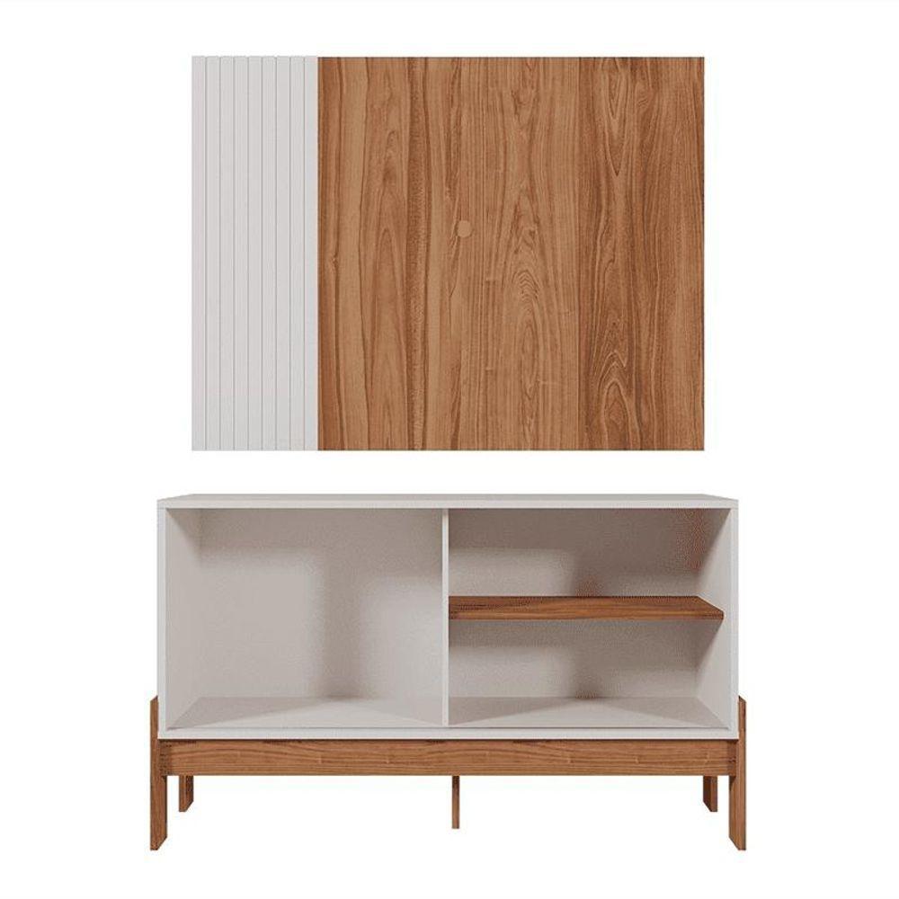 Rack Painel Com Friso Wood 1,20m Tvs 42 Polegas Prateleiras E Porta De Correr Design Moderno Perola Metalizado Cinamomo Mel - 2