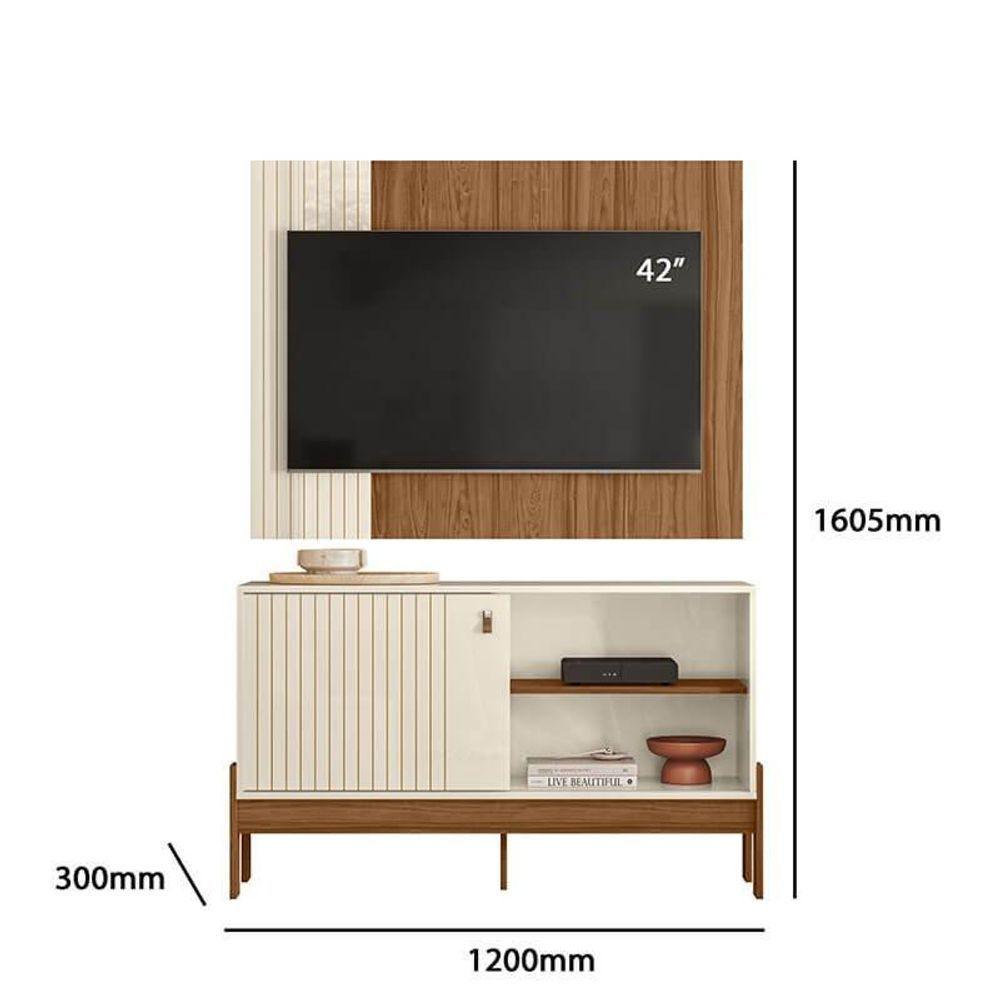 Rack Painel Com Friso Wood 1,20m Tvs 42 Polegas Prateleiras E Porta De Correr Design Moderno Perola Metalizado Cinamomo Mel - 3