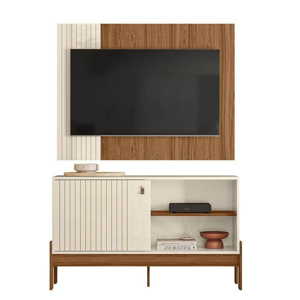 Rack Painel Com Friso Wood 1,20m Tvs 42 Polegas Prateleiras E Porta De Correr Design Moderno Perola Metalizado Cinamomo Mel - 7