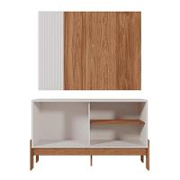 Rack Painel Com Friso Wood 1,20m Tvs 42 Polegas Prateleiras E Porta De Correr Design Moderno Perola Metalizado Cinamomo Mel - 2