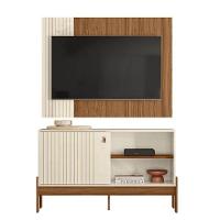 Rack Painel Com Friso Wood 1,20m Tvs 42 Polegas Prateleiras E Porta De Correr Design Moderno Perola Metalizado Cinamomo Mel - 7