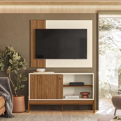 Rack E Painel Friso Lateral Wood 1,20m Tvs 42 Polegas Porta De Correr E Prateleiras Design Moderno Cinamomo Mel Off White