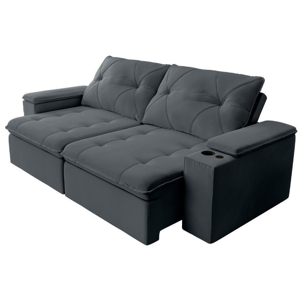 Sofá Retrátil E Reclinável 4 Lugares 2,52m C/ Porta Copos Entrada Usb Veludo San Diego Cinza - 1