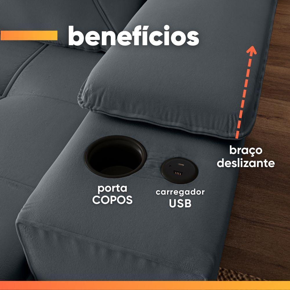 Sofá Retrátil E Reclinável 4 Lugares 2,52m C/ Porta Copos Entrada Usb Veludo San Diego Cinza - 5