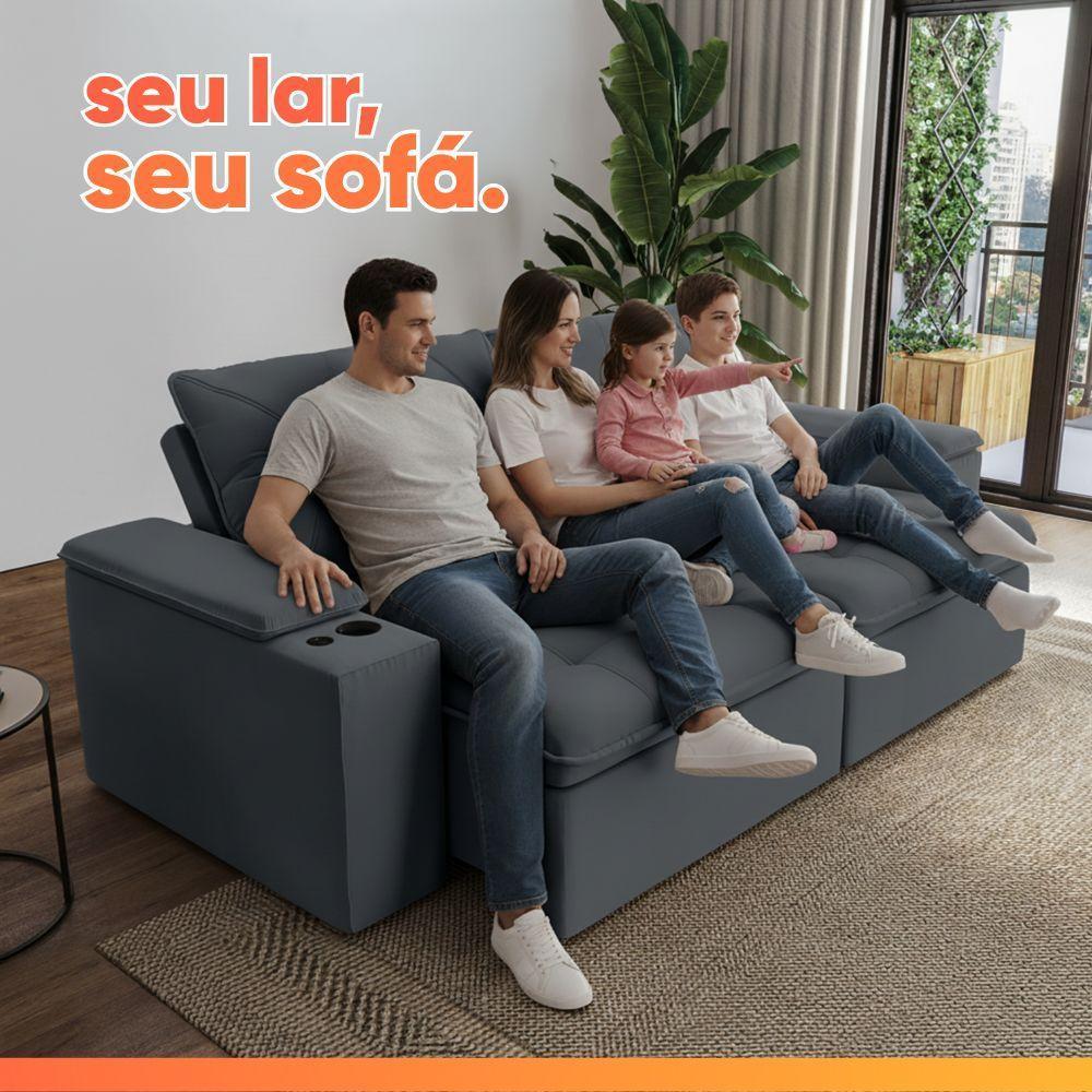 Sofá Retrátil E Reclinável 4 Lugares 2,52m C/ Porta Copos Entrada Usb Veludo San Diego Cinza - 6