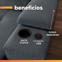 Sofá Retrátil E Reclinável 4 Lugares 2,52m C/ Porta Copos Entrada Usb Veludo San Diego Cinza - 5