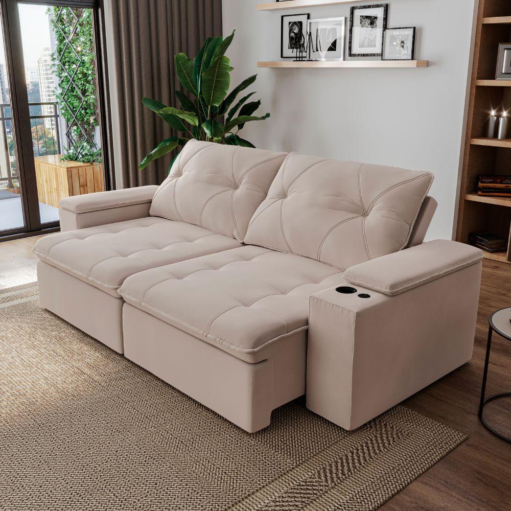 Sofá Retrátil E Reclinável 4 Lugares 2,52m C/ Porta Copos Entrada Usb Veludo San Diego Off White - 2