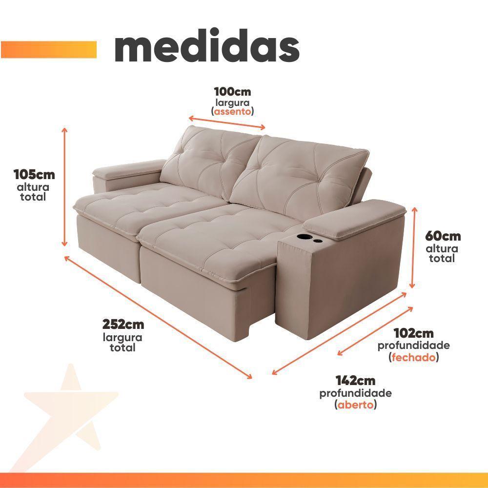 Sofá Retrátil E Reclinável 4 Lugares 2,52m C/ Porta Copos Entrada Usb Veludo San Diego Off White - 3