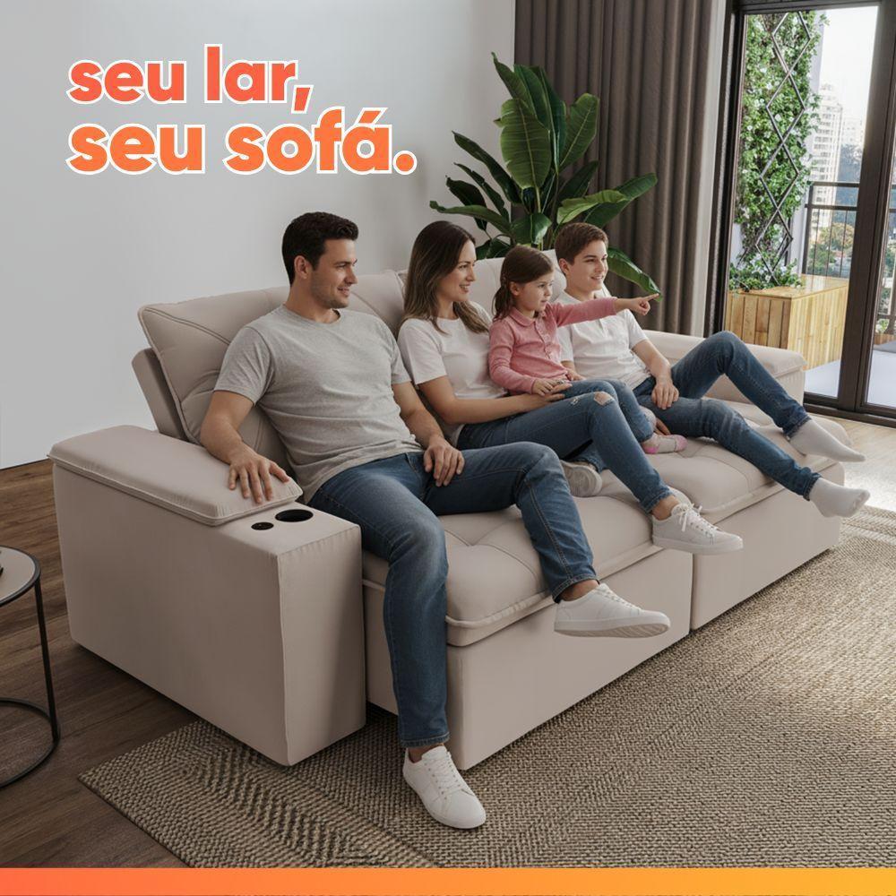Sofá Retrátil E Reclinável 4 Lugares 2,52m C/ Porta Copos Entrada Usb Veludo San Diego Off White - 6