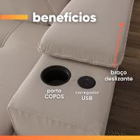 Sofá Retrátil E Reclinável 4 Lugares 2,52m C/ Porta Copos Entrada Usb Veludo San Diego Off White - 5
