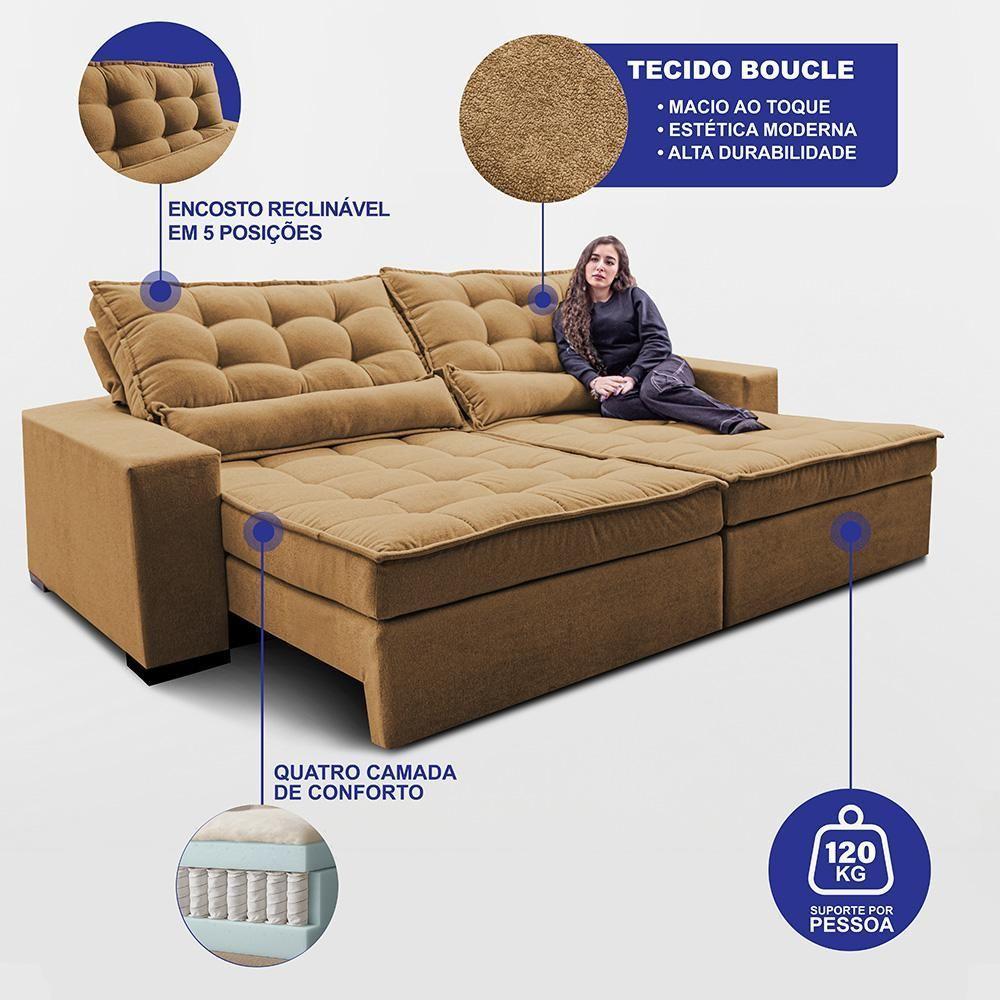 Sofá Retrátil E Reclinável 3,12m Molas Ensacadas Belle. Boucle Cama Inbox Caramelo. - 3