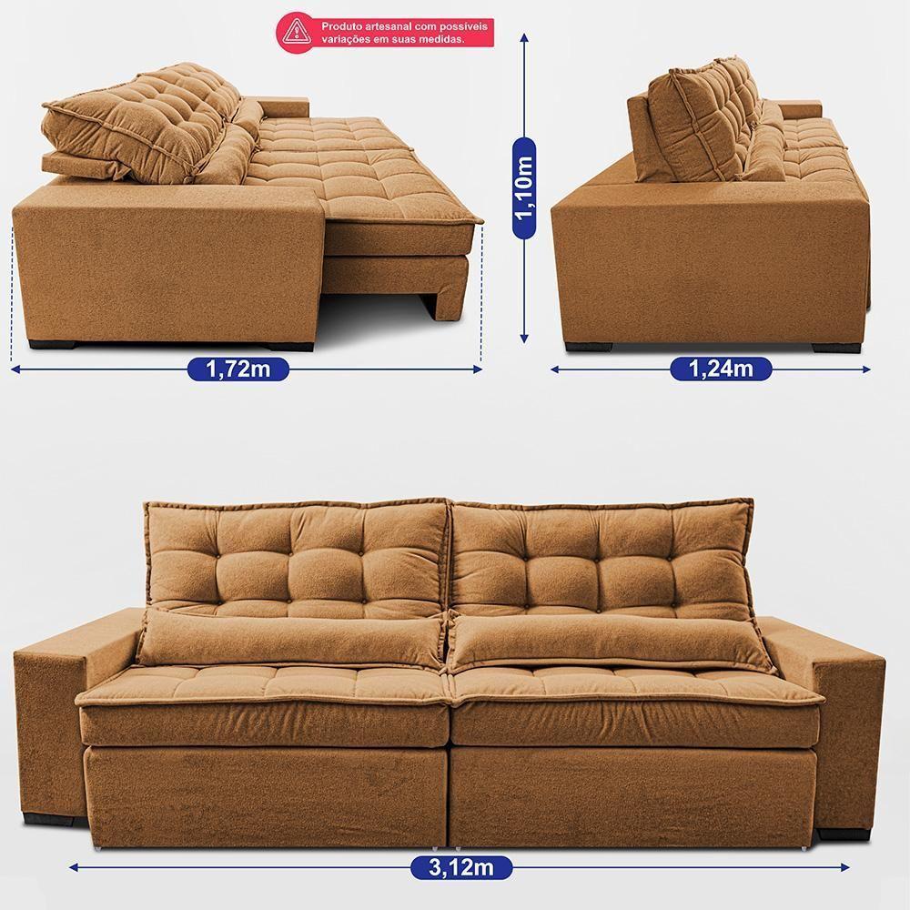 Sofá Retrátil E Reclinável 3,12m Molas Ensacadas Belle. Boucle Cama Inbox Caramelo. - 4