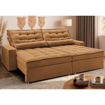 Sofá Retrátil E Reclinável 3,12m Molas Ensacadas Belle. Boucle Cama Inbox Caramelo.