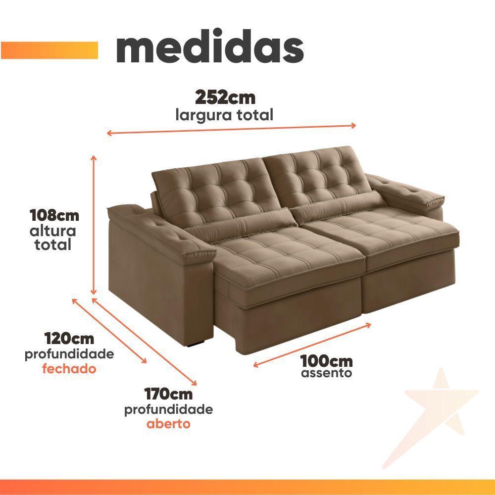 Sofá Retrátil E Reclinável 4 Lugares 2,52m Veludo Ilhéus Bege Castor - 3