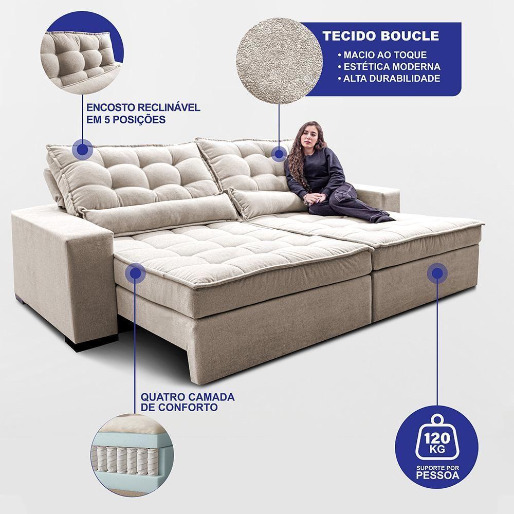 Sofá Retrátil E Reclinável 2,32m Molas Ensacadas Belle. Boucle Cama Inbox Bege Claro - 3