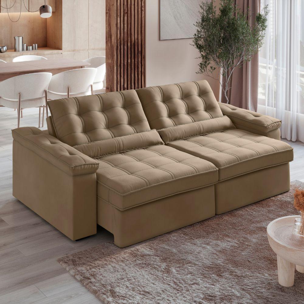 Sofá Retrátil E Reclinável 3 Lugares 2,12m Veludo Ilhéus Bege Castor - 2