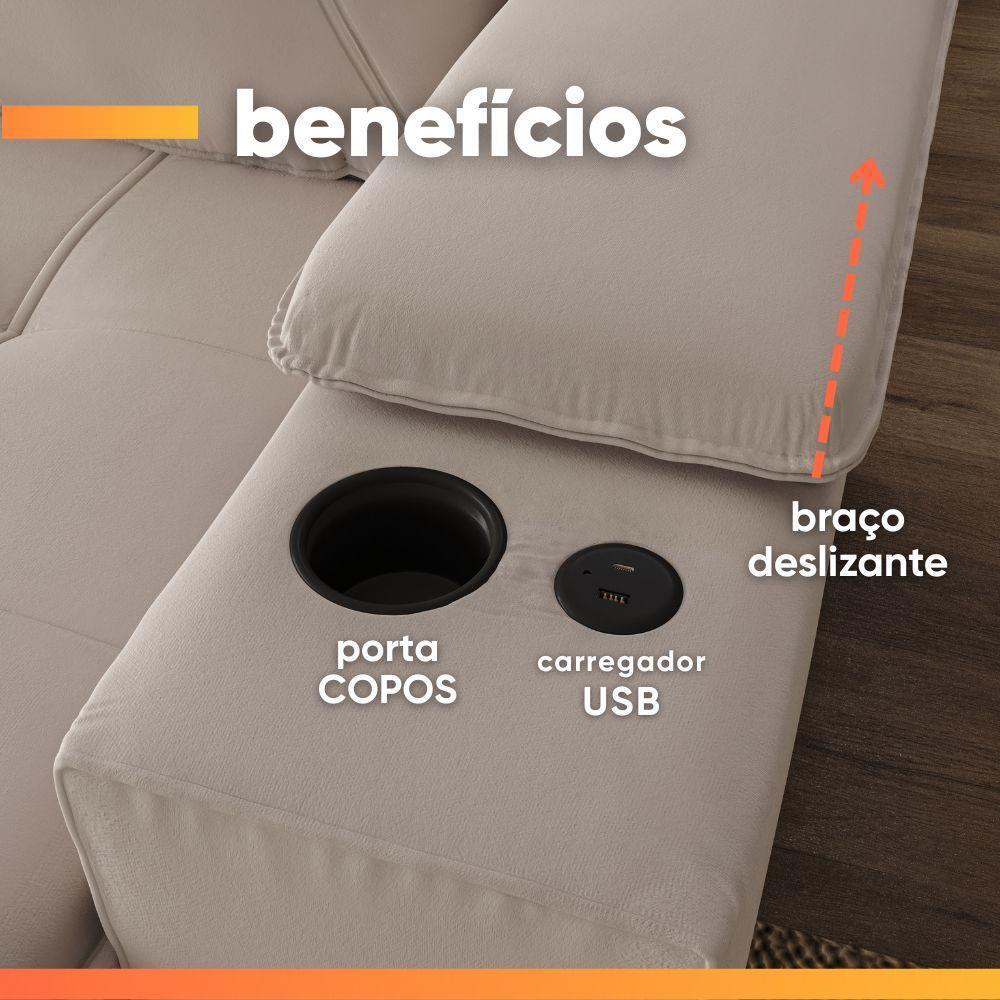 Sofá Retrátil E Reclinável 3 Lugares 2,12m C/ Porta Copos Entrada Usb Veludo San Diego Off White - 3
