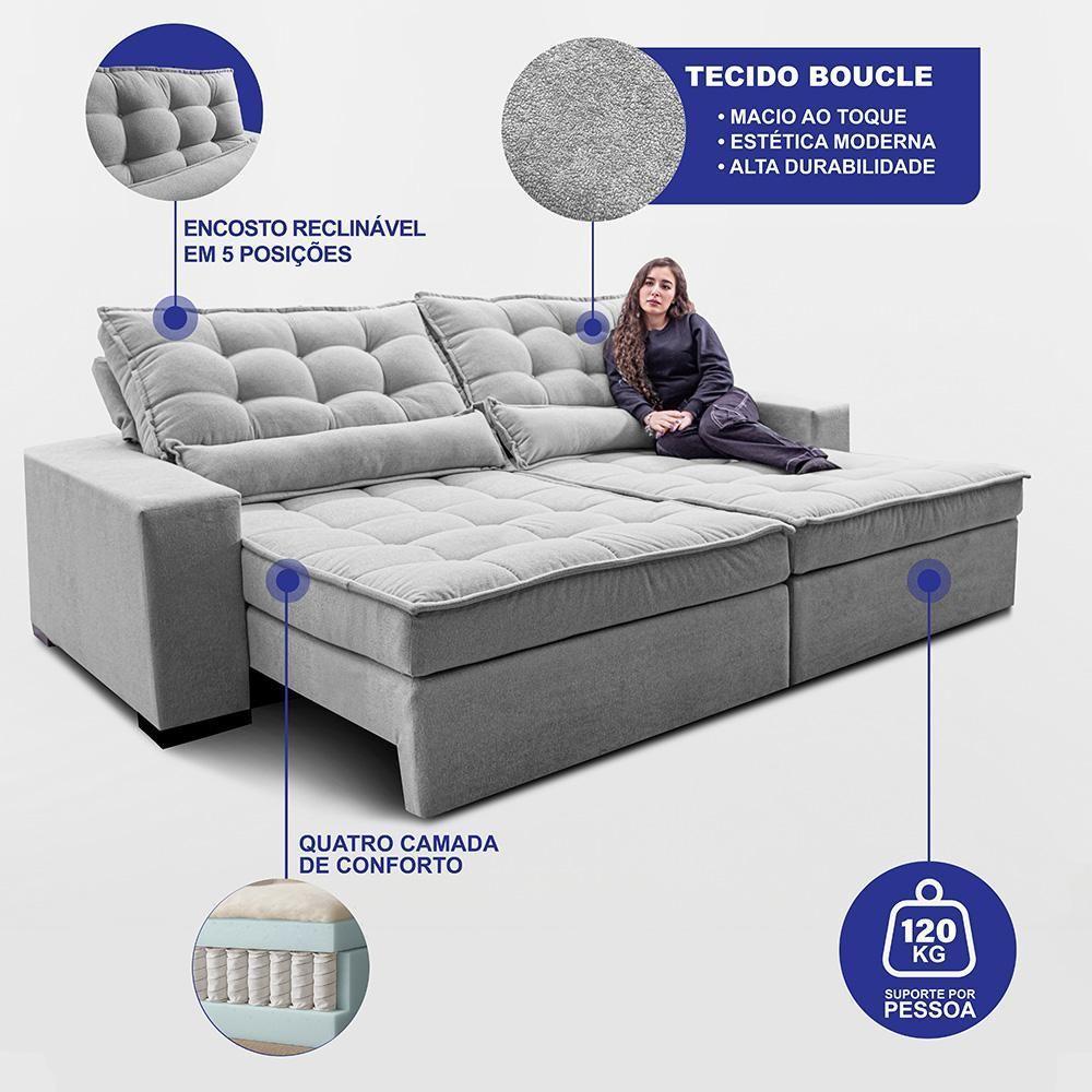 Sofá Retrátil E Reclinável 2,72m Molas Ensacadas Belle. Boucle Cama Inbox Cinza Claro - 3
