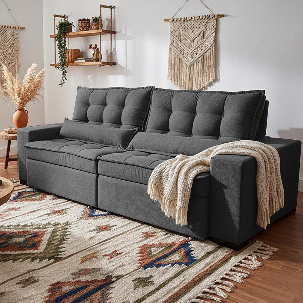 Sofá Retrátil E Reclinável 2,32m Molas Ensacadas Belle. Boucle Cama Inbox Cinza Escuro - 2