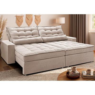 Sofá Retrátil E Reclinável 2,72m Molas Ensacadas Belle. Boucle Cama Inbox Bege Claro