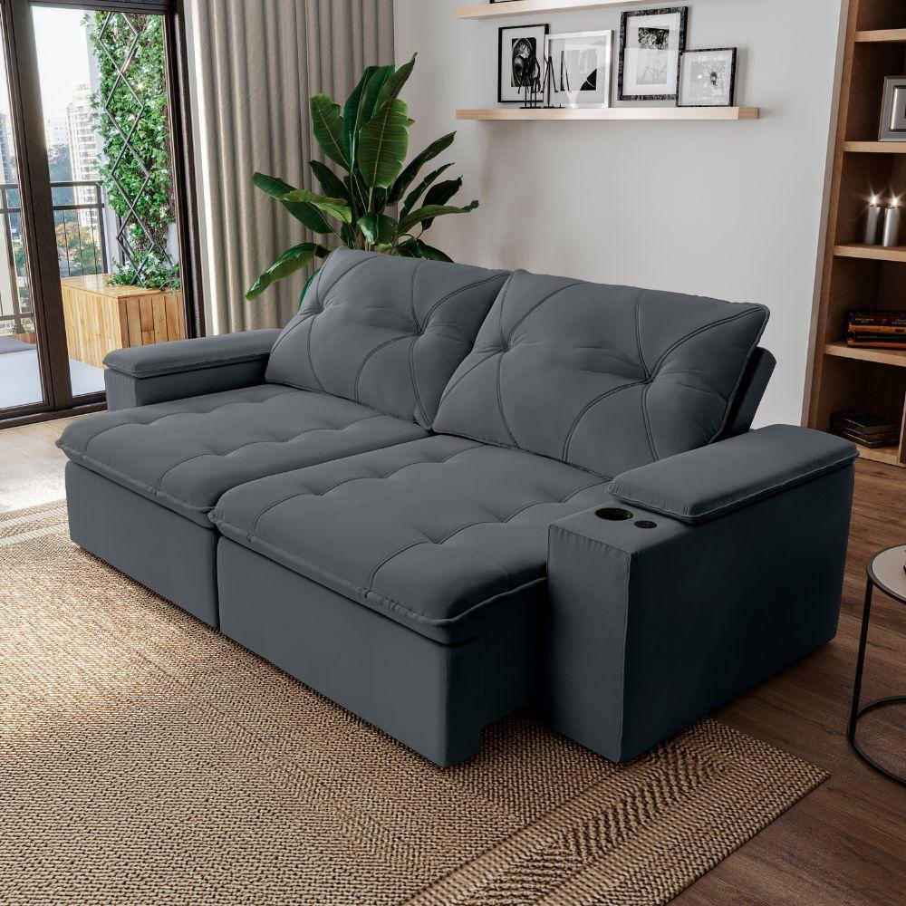 Sofá Retrátil E Reclinável 3 Lugares 2,12m C/ Porta Copos Entrada Usb Veludo San Diego Cinza - 2