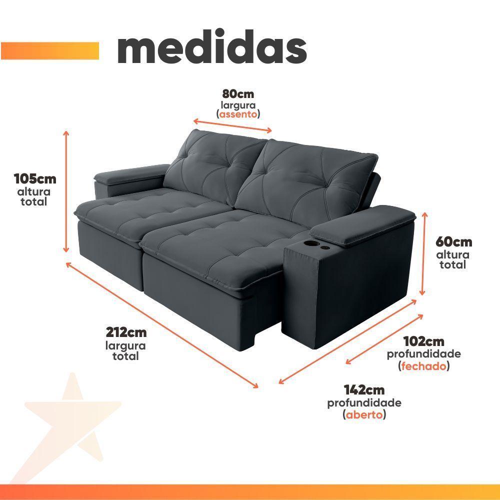 Sofá Retrátil E Reclinável 3 Lugares 2,12m C/ Porta Copos Entrada Usb Veludo San Diego Cinza - 3