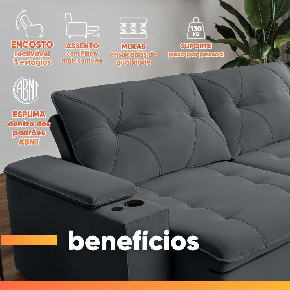 Sofá Retrátil E Reclinável 3 Lugares 2,12m C/ Porta Copos Entrada Usb Veludo San Diego Cinza - 4