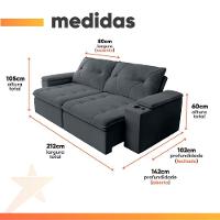 Sofá Retrátil E Reclinável 3 Lugares 2,12m C/ Porta Copos Entrada Usb Veludo San Diego Cinza - 3