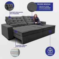 Sofá Retrátil E Reclinável 2,52m Molas Ensacadas Belle. Boucle Cama Inbox Cinza Escuro - 3
