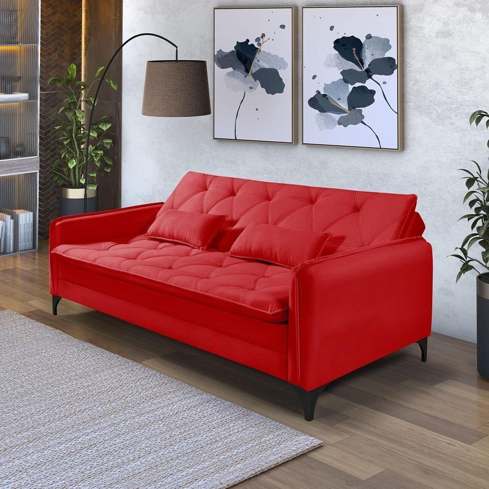 Sofá Cama Yara 3 Lugares Reclinável 2,08m Suede Vermelho - 1