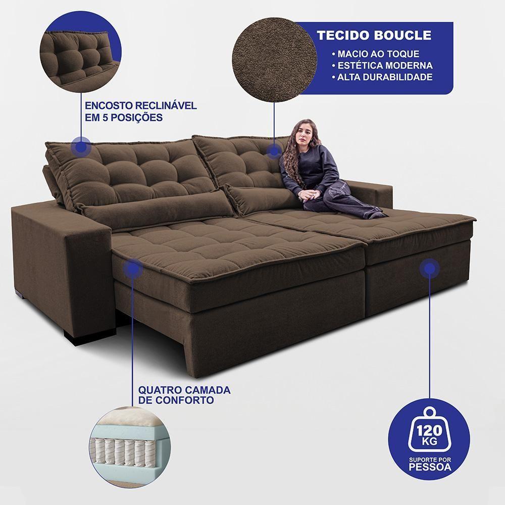 Sofá Retrátil E Reclinável 2,12m Molas Ensacadas Belle. Boucle Cama Inbox Marrom - 2