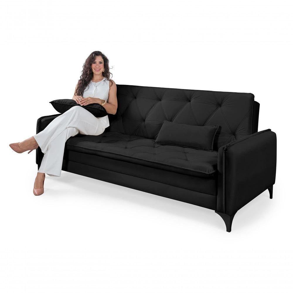 Sofá Cama Yara 3 Lugares Reclinável 2,08m Suede Preto - 2