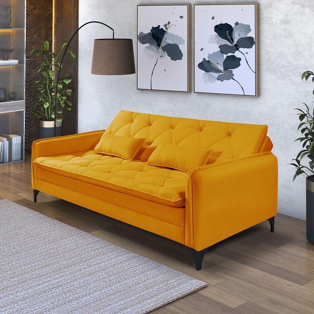 Sofá Cama Yara 3 Lugares Reclinável 2,08m Suede Amarelo - 1