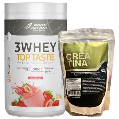 Kit Whey Protein Body Action 900g + Creatina 100% Pura 500g Sabor Morango