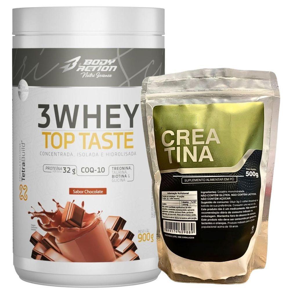 Kit Whey Protein Body Action 900g + Creatina 100% Pura 500g Sabor Chocolate - 1