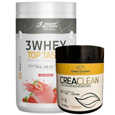 Kit Whey Protein 3w + Creatina Monohidratada 300g Combo Sabor Morango