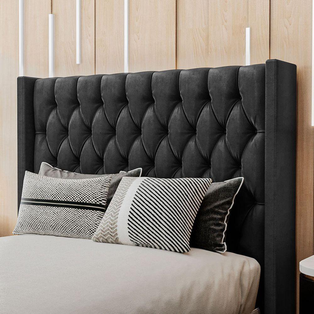 Cabeceira Estofada King 195 Cm Pérola Veludo Preto - 1