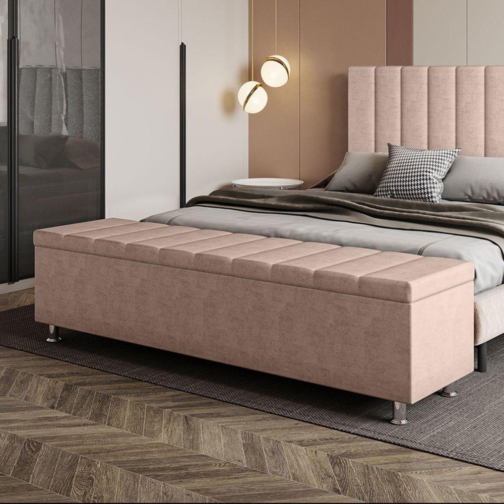 Calçadeira Baú Recamier Estofado Queen 160 Cm ônix Veludo Rose - 1