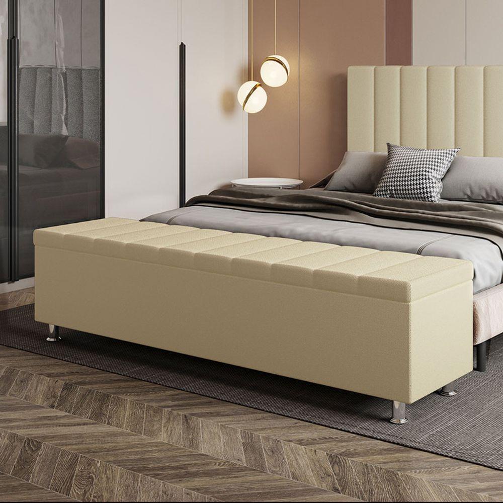 Calçadeira Baú Recamier Estofado Queen 160 Cm ônix Linho Creme - 1