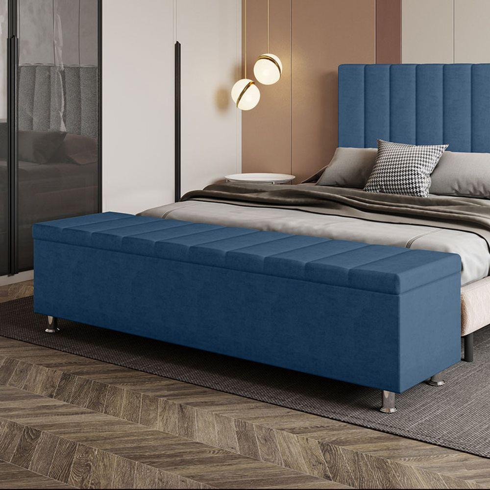 Calçadeira Baú Recamier Estofado King 195 Cm ônix Veludo Azul Marinho - 1