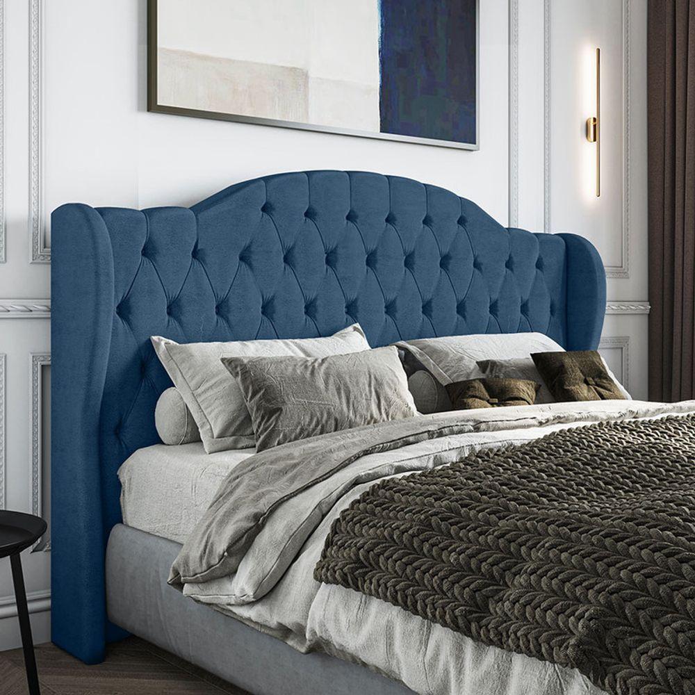 Cabeceira Estofada Solteiro 90 Cm Cristal Veludo Azul Marinho - 1