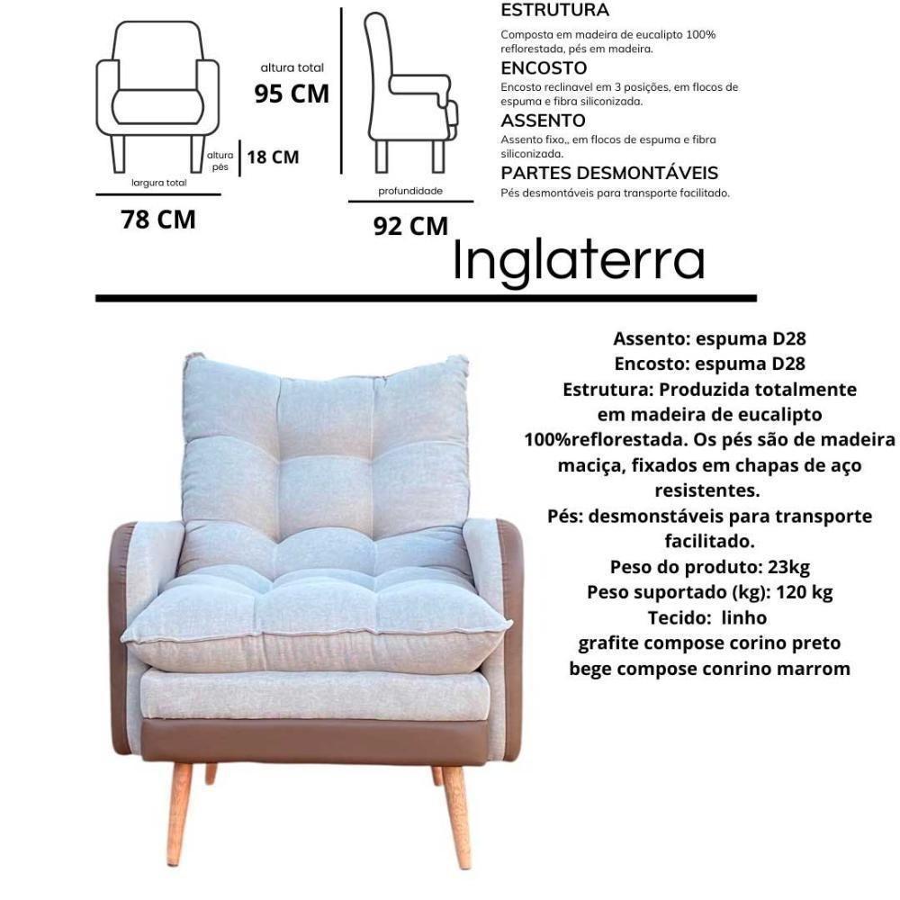 Poltrona Reclinável 3 Posições Com Puff Roma Em Linho Premium Bege Caramelo Com Puff Roma - 4