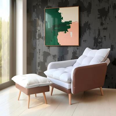 Poltrona Reclinável 3 Posições Com Puff Roma Em Linho Premium Bege Caramelo Com Puff Roma