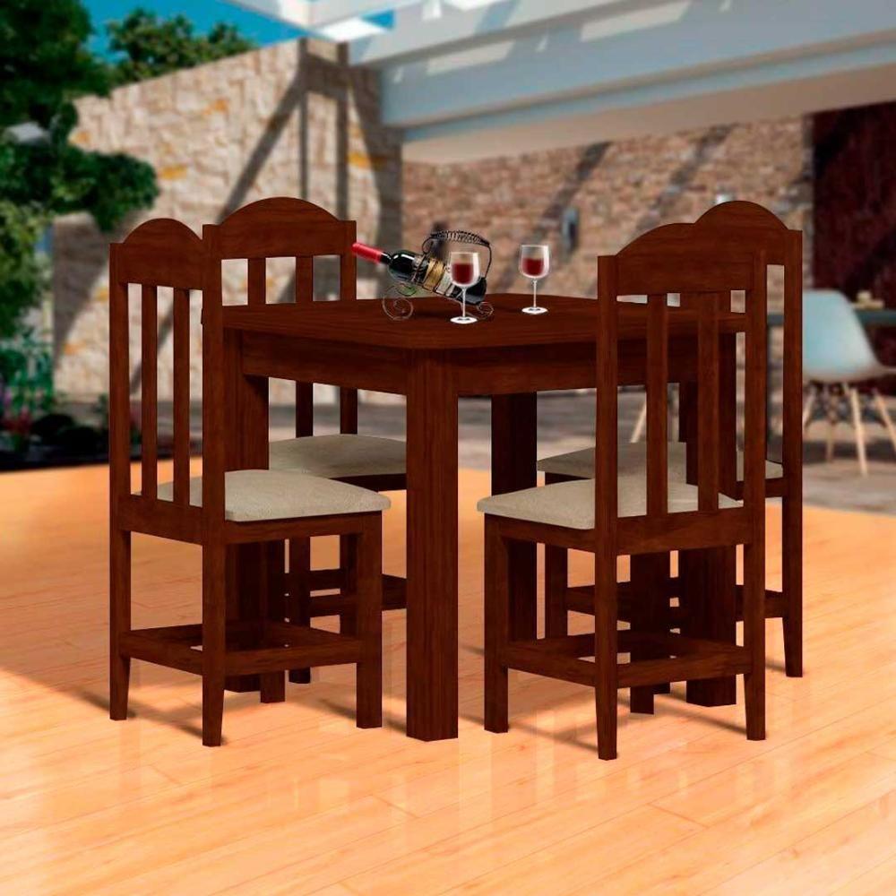 Mesa De Jantar 4 Cadeiras Estofadas Madeira Maciça Castanho - 1